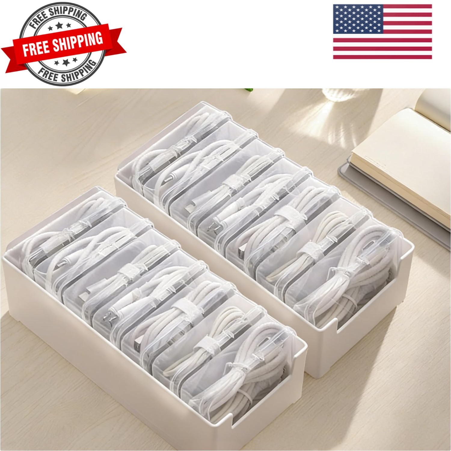 2 PCS Cable Organizer Box with 7 Clear Switch Case, Desktop Charger Cord Stor...