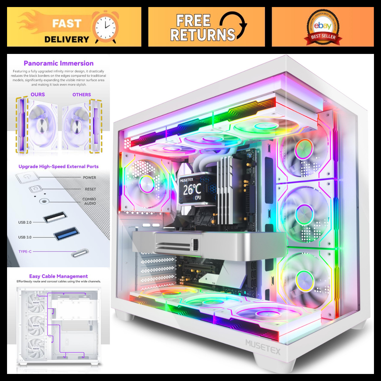 RGB Gaming PC Case with 7 Infinity Mirror Fans, ATX Mid Tower, Type-C, Tempered