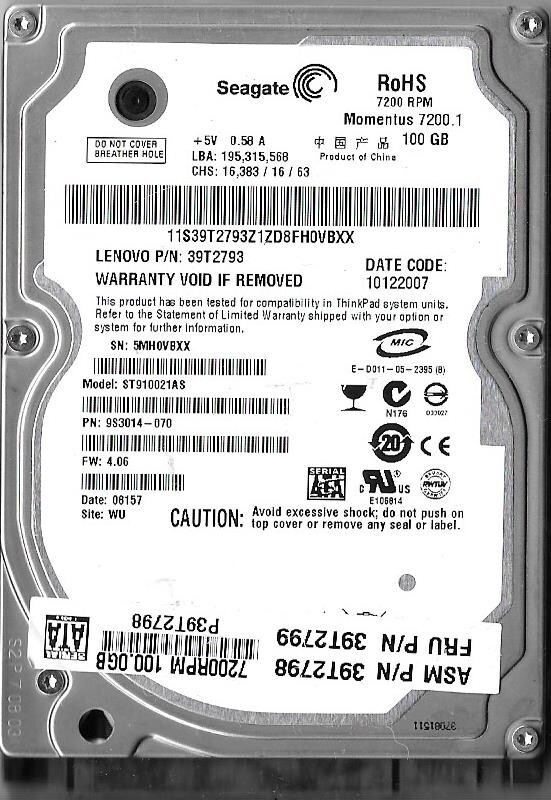 Seagate ST910021AS 100GB Sata Hard Drive P/N: 9S3014-070 F/W: 4.06  5MH  WU