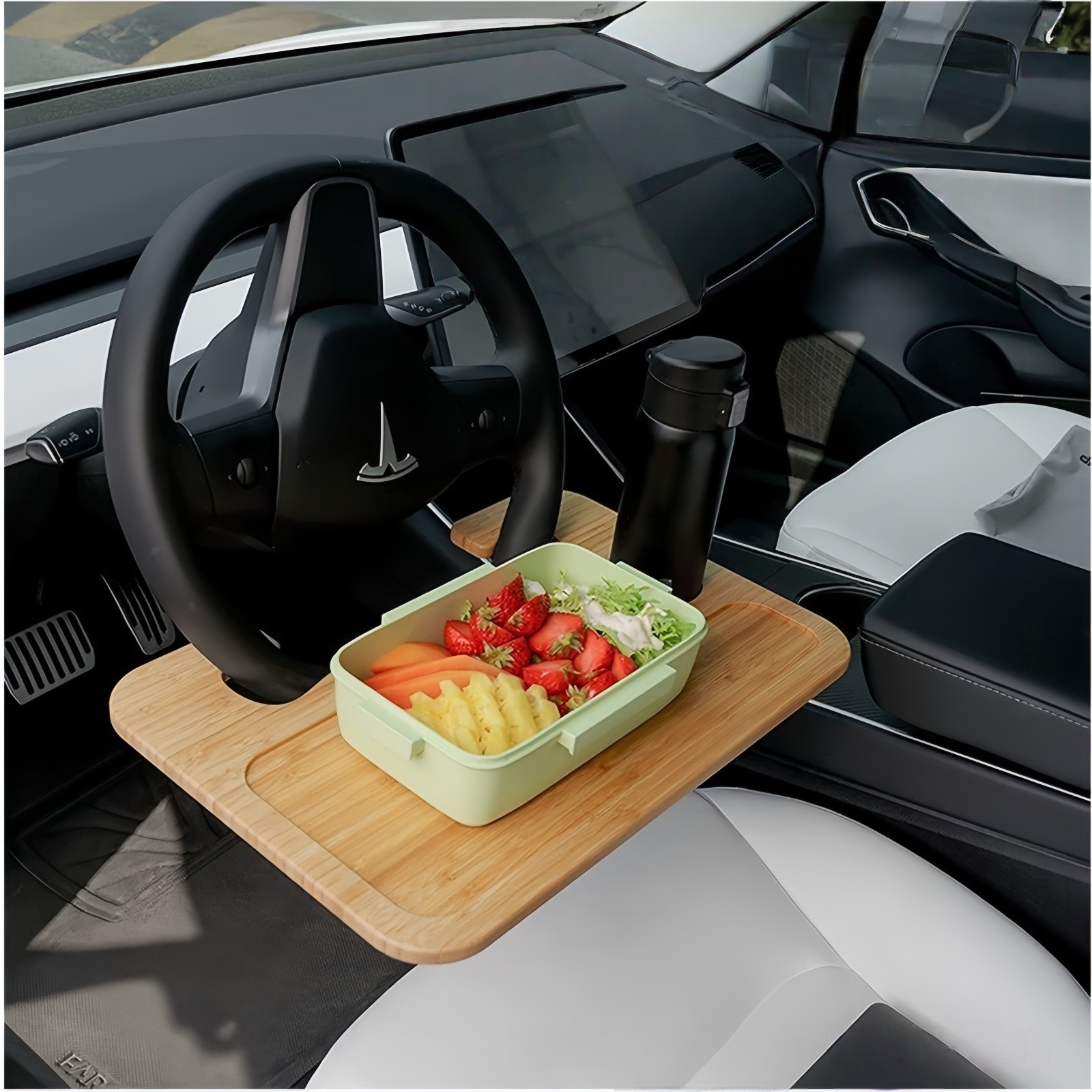 Universal Bamboo Steering Wheel Tray, Double Sided Car Desk for Laptop & Eating