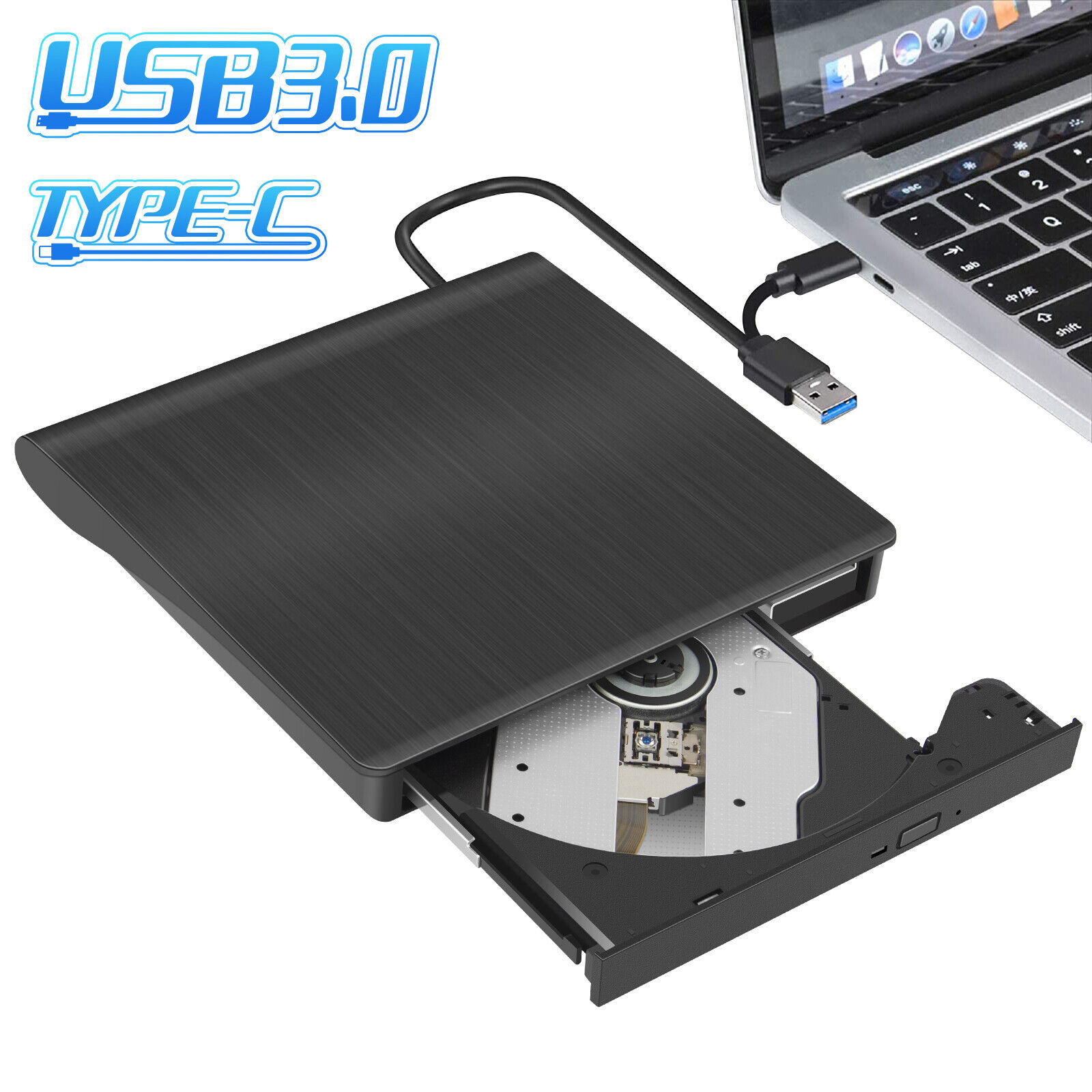 2-in-1 USB 3.0+Type-C External DVD CD Disc Burner Drive Reader Player PC Laptop