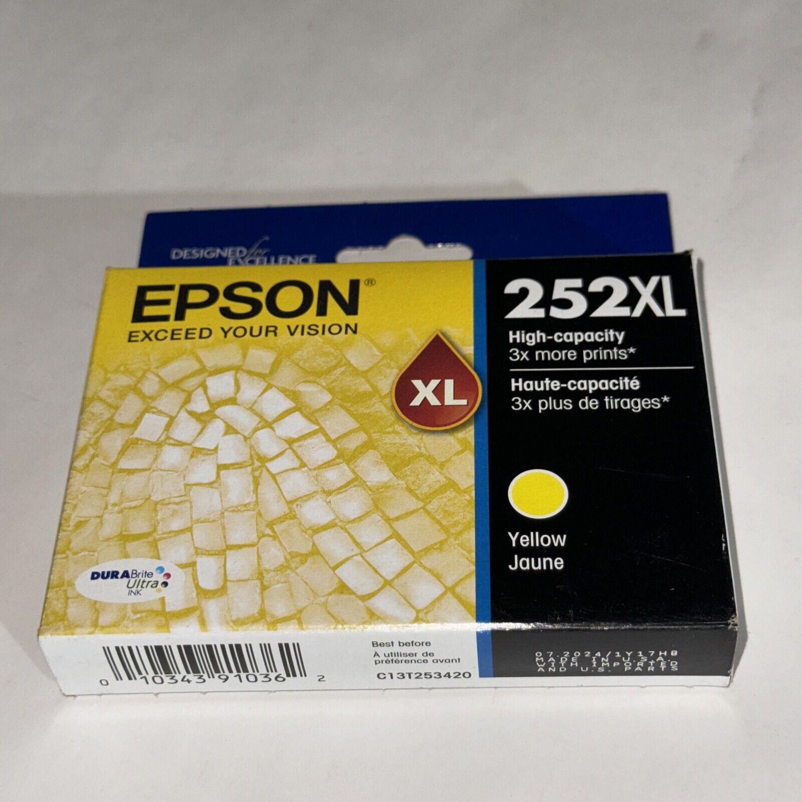 Genuine Epson 252XL High-Capacity Yellow Ink Cartridge Expires 07/2024 - NEW