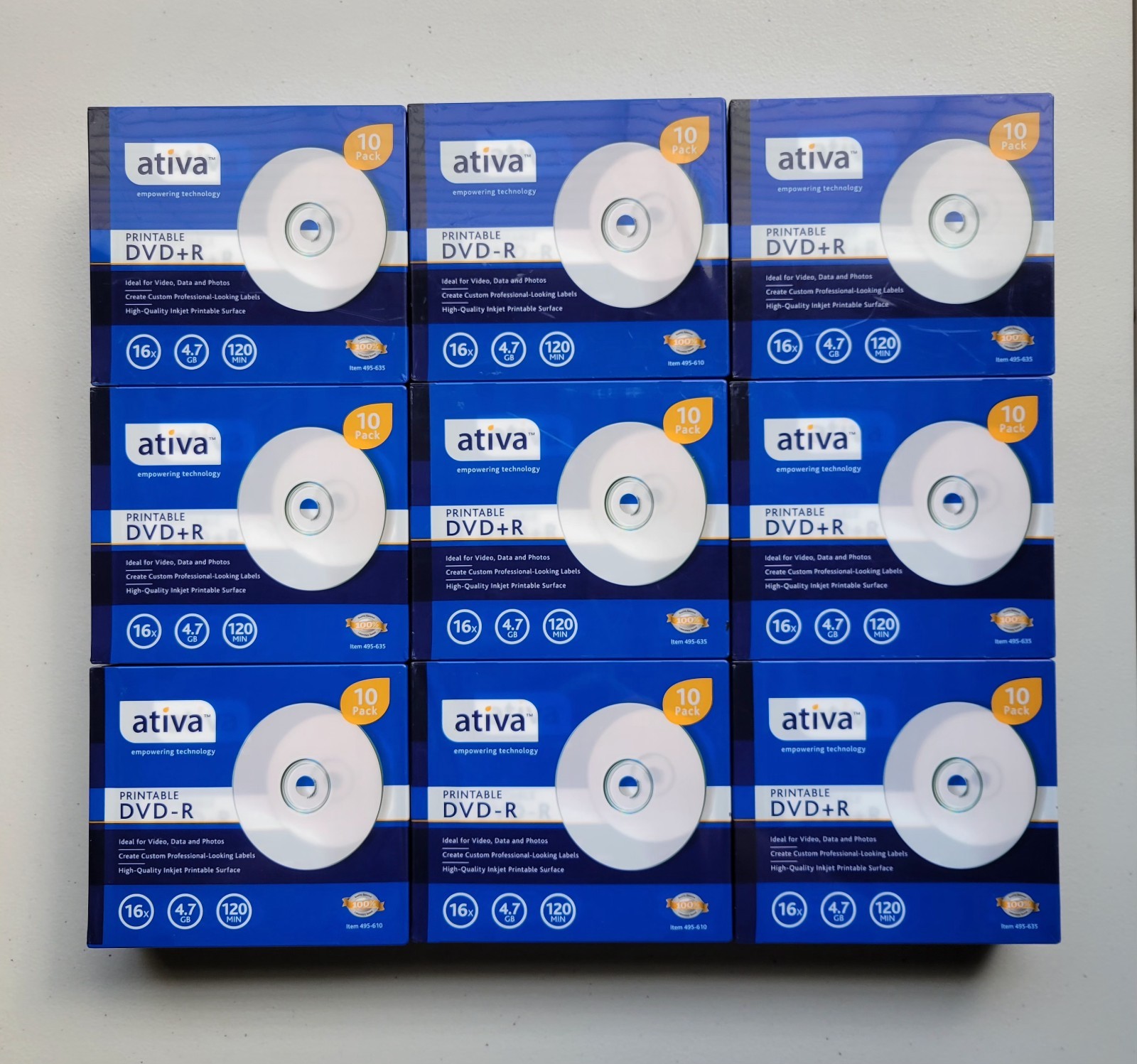 9 Packs of 10- Ativa Printable DVD+R 16x 120 Min 4.7 495-635 GB *New Sealed*