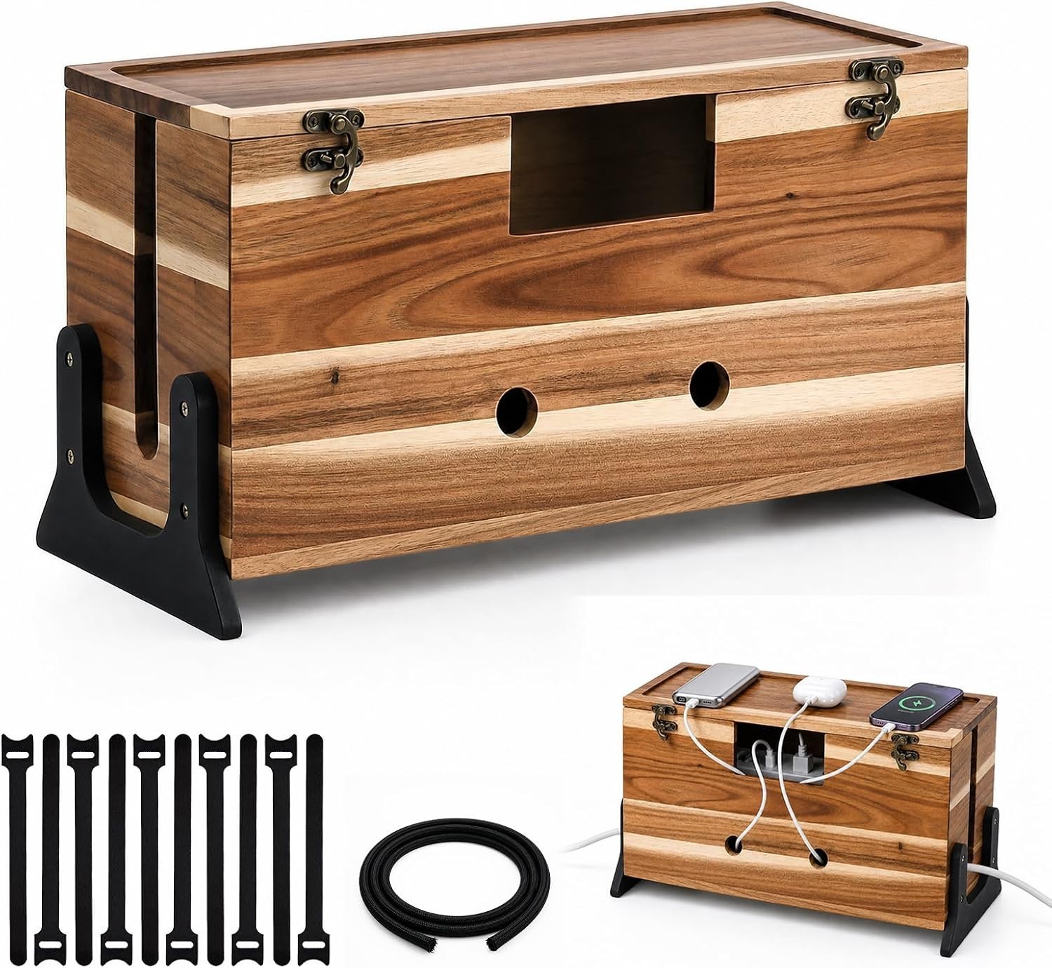 Extra Large Cable Management Box, 14.2-Inch Acacia Wood Cord Hider Box with Dual