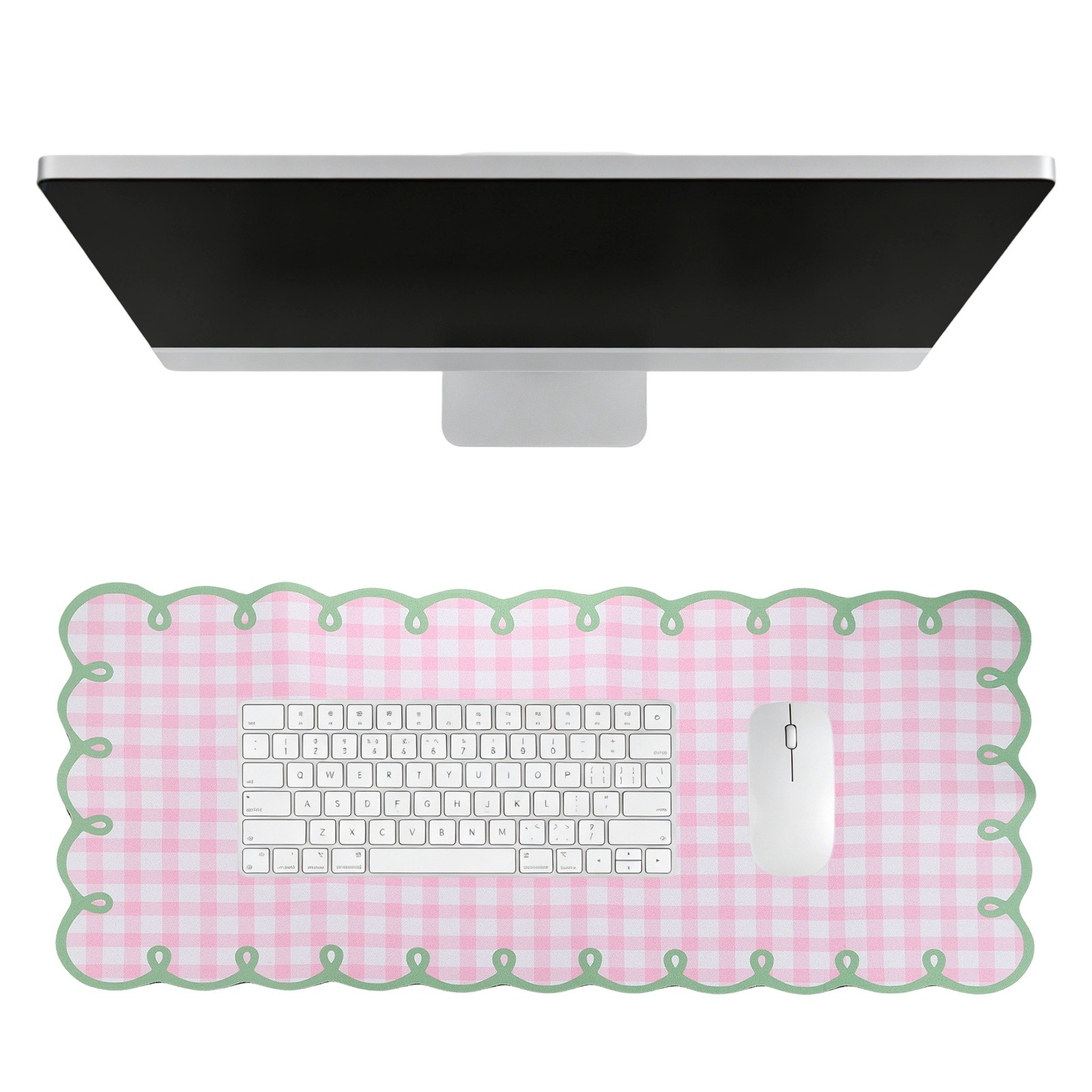 Scalloped Desk Mat, 31.5 x 15.7" Checkered Large Mouse Pad, Green