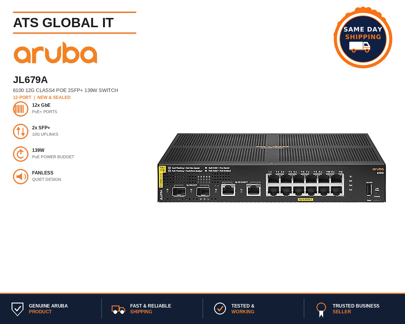 HPE Aruba JL679A 6100 12G Class4 PoE 2G 2SFP+ 139W Managed Switch New Sealed