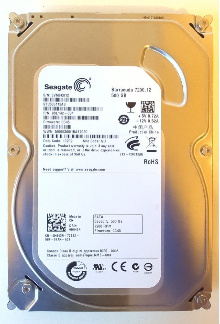 (For Parts) Seagate Barracuda 7200.12 500 GB 7200 RPM ST3500418AS