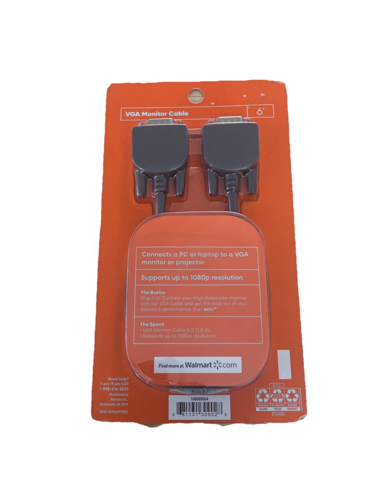 Onn. VGA To VGA Cable, 6ft Connects PC To VGA Monitor With 15-Pin VGA Port.1080P
