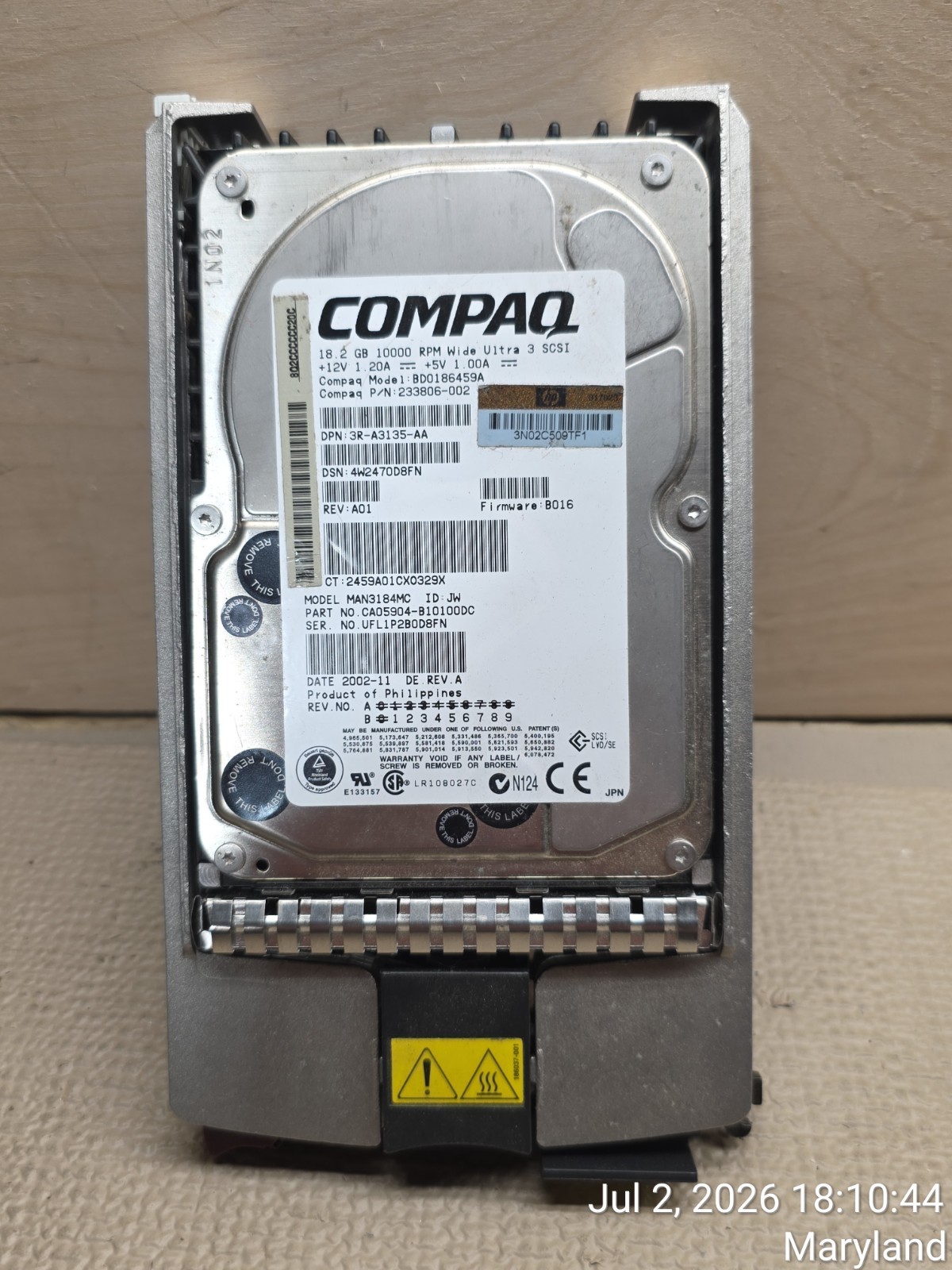 COMPAQ 18.2GB WIDE ULTRA 3 SCSI DRIVE - BD0186459A - 233806-002