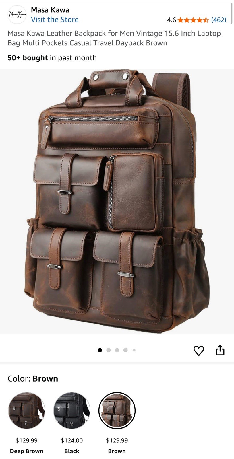Masa Kawa Leather Backpack Vintage 15.6” Laptop Bag Multi Pockets Travel Brown