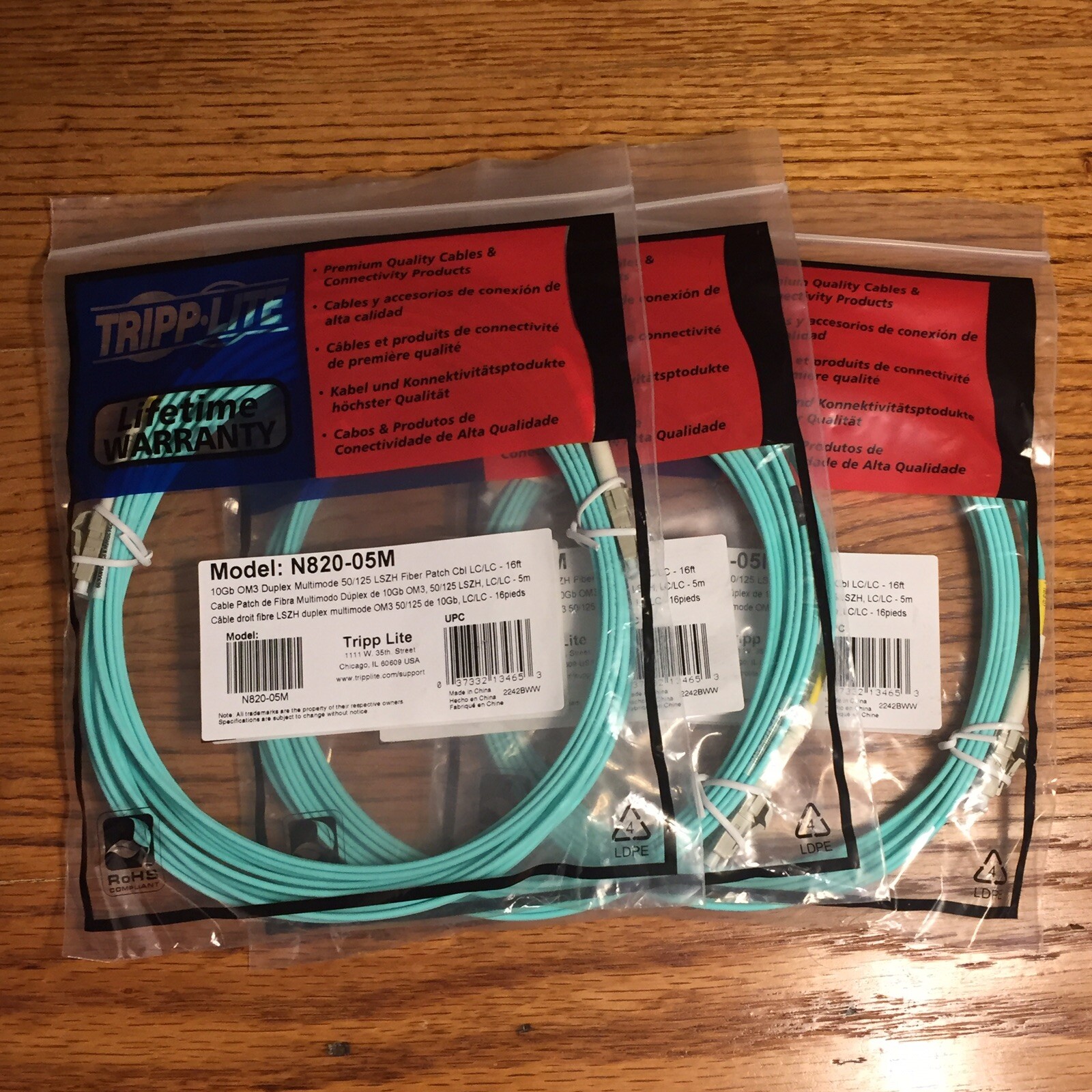 (3) Tripp Lite N820-05M 5M 10GB Duplex Multi 50/125 OM3 LSZH Fiber Patch Cables