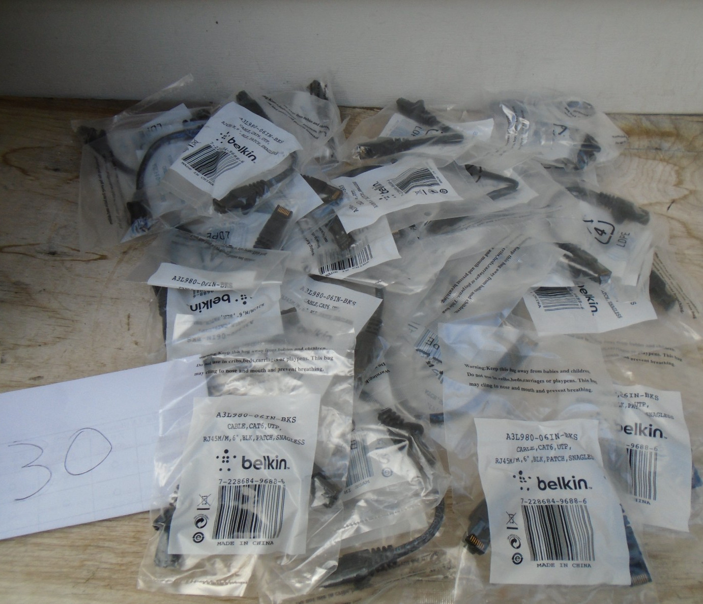(Lot of 30) BELKIN 6" Cat6 Patch Cable A3L980-06IN-BK A3L98006INBKS UTP