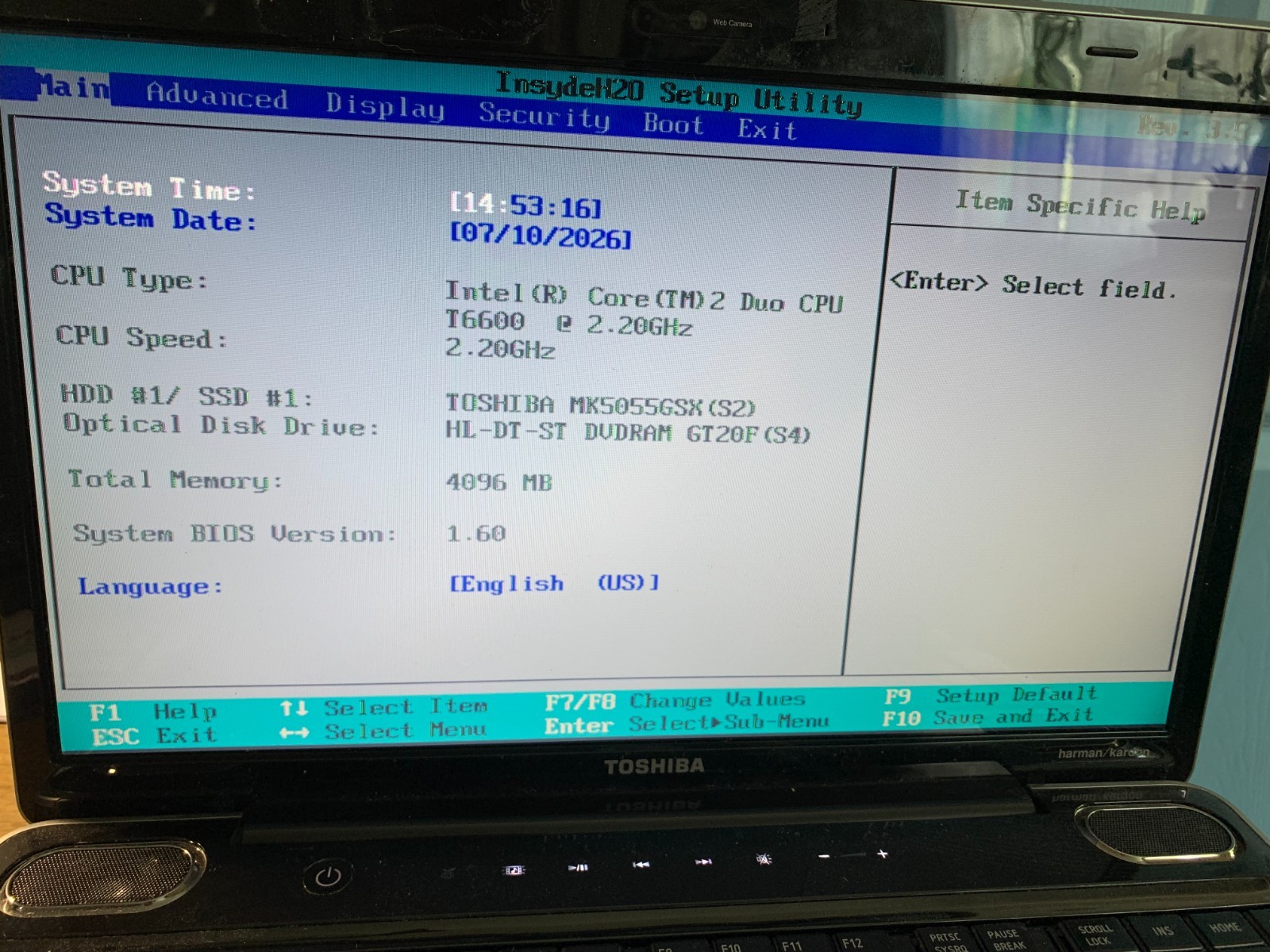 Toshiba Satellite A505 15.6" Laptop Core 2 Duo T6600 4gb Ram No HDD Boots Bios