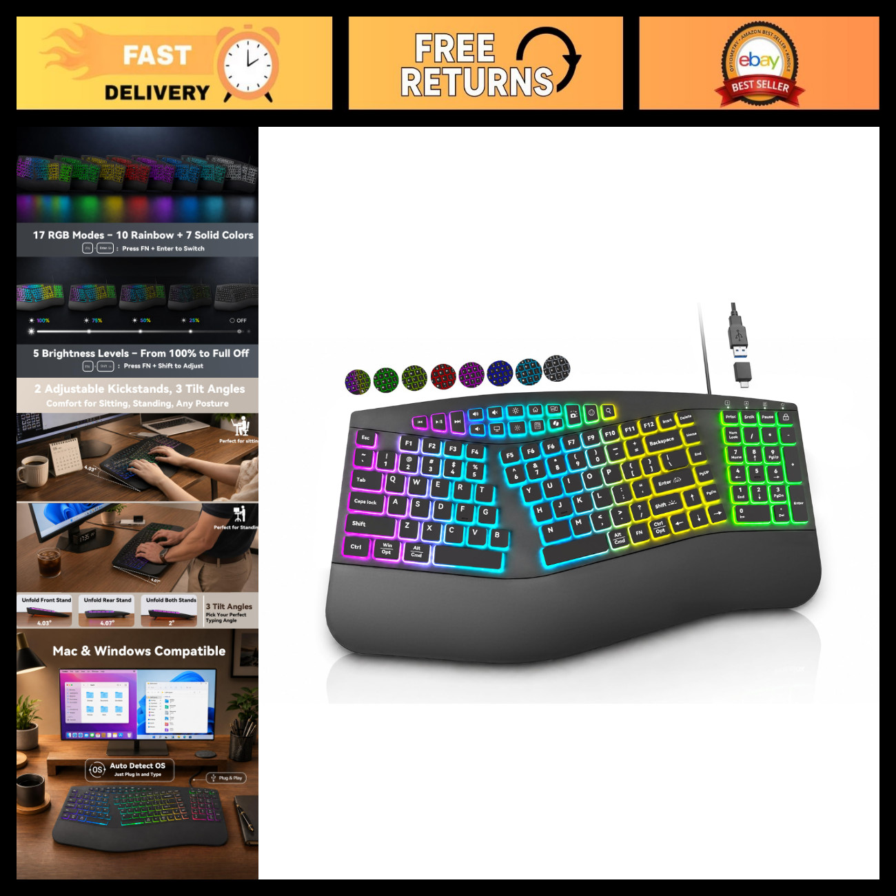 Ergonomic Wired Split Keyboard with RGB Backlight & Numpad - Black Gaming Access