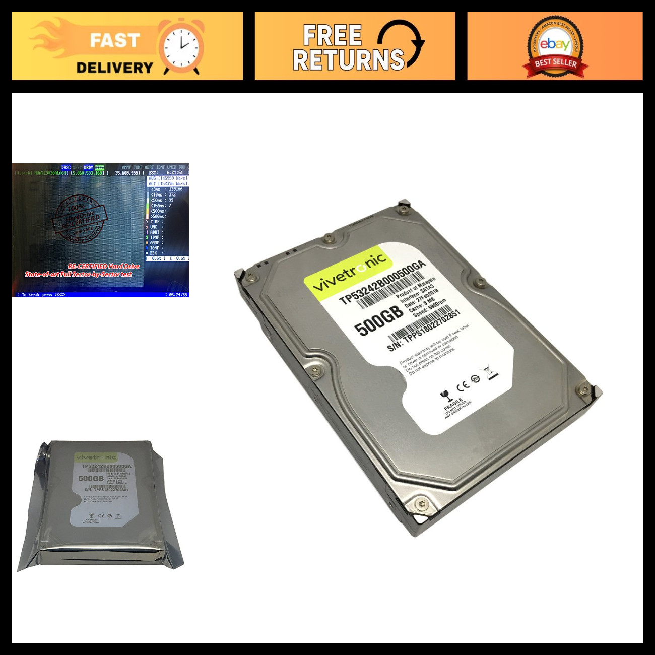 500GB 3.5" Internal Desktop Hard Drive - 8MB Cache, 5900RPM SATA, Renewed