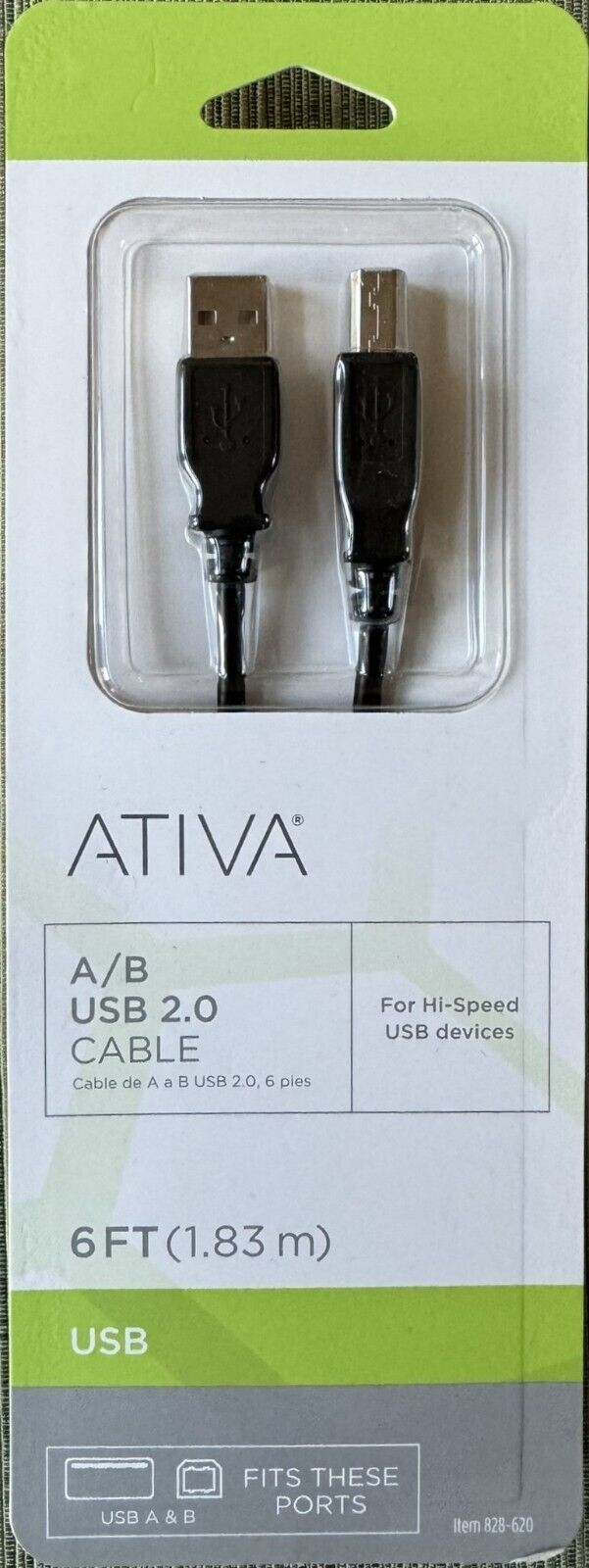 ATIVA USB 2.0 A/B Data Cable 6' Black Hi-Speed USB Devices