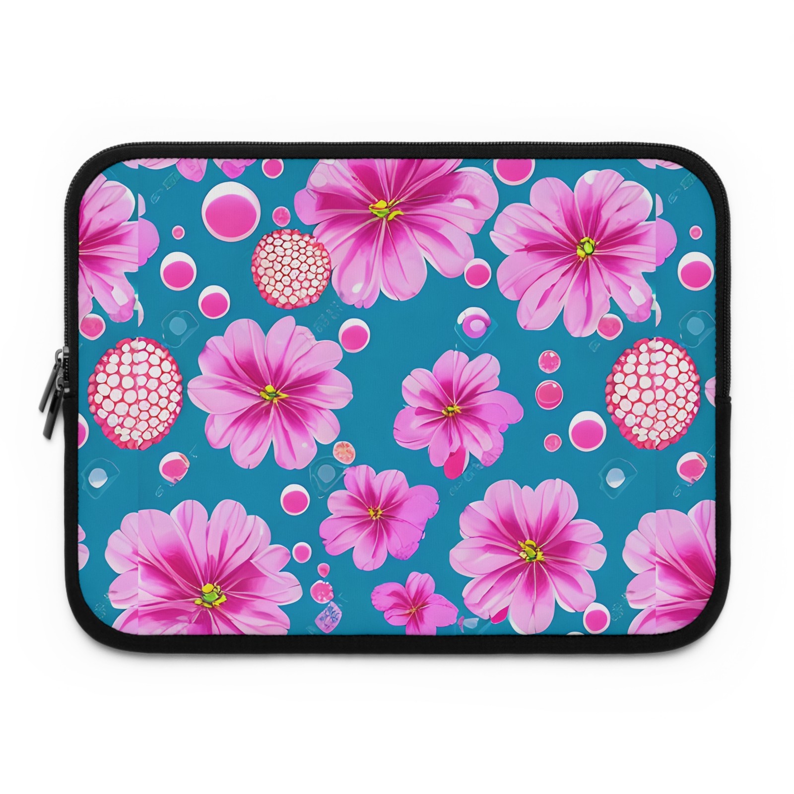 Pink Floral Pattern Laptop Sleeve | Teal Background, Bubble Accents