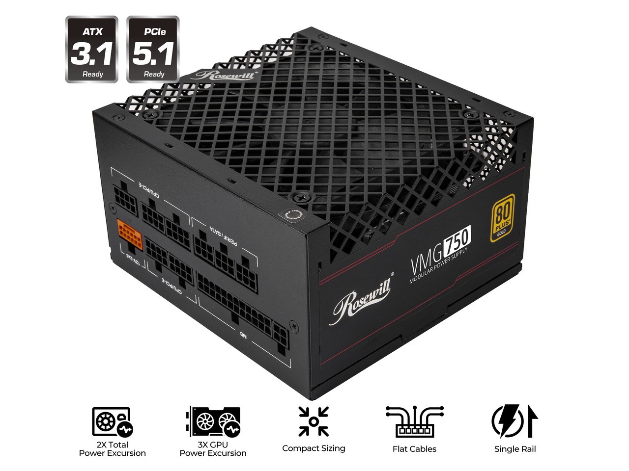 Rosewill VMG 750W 80+ Gold, ATX 3.0 & 3.1 Compatible, Full Modular Low-Noise Pow