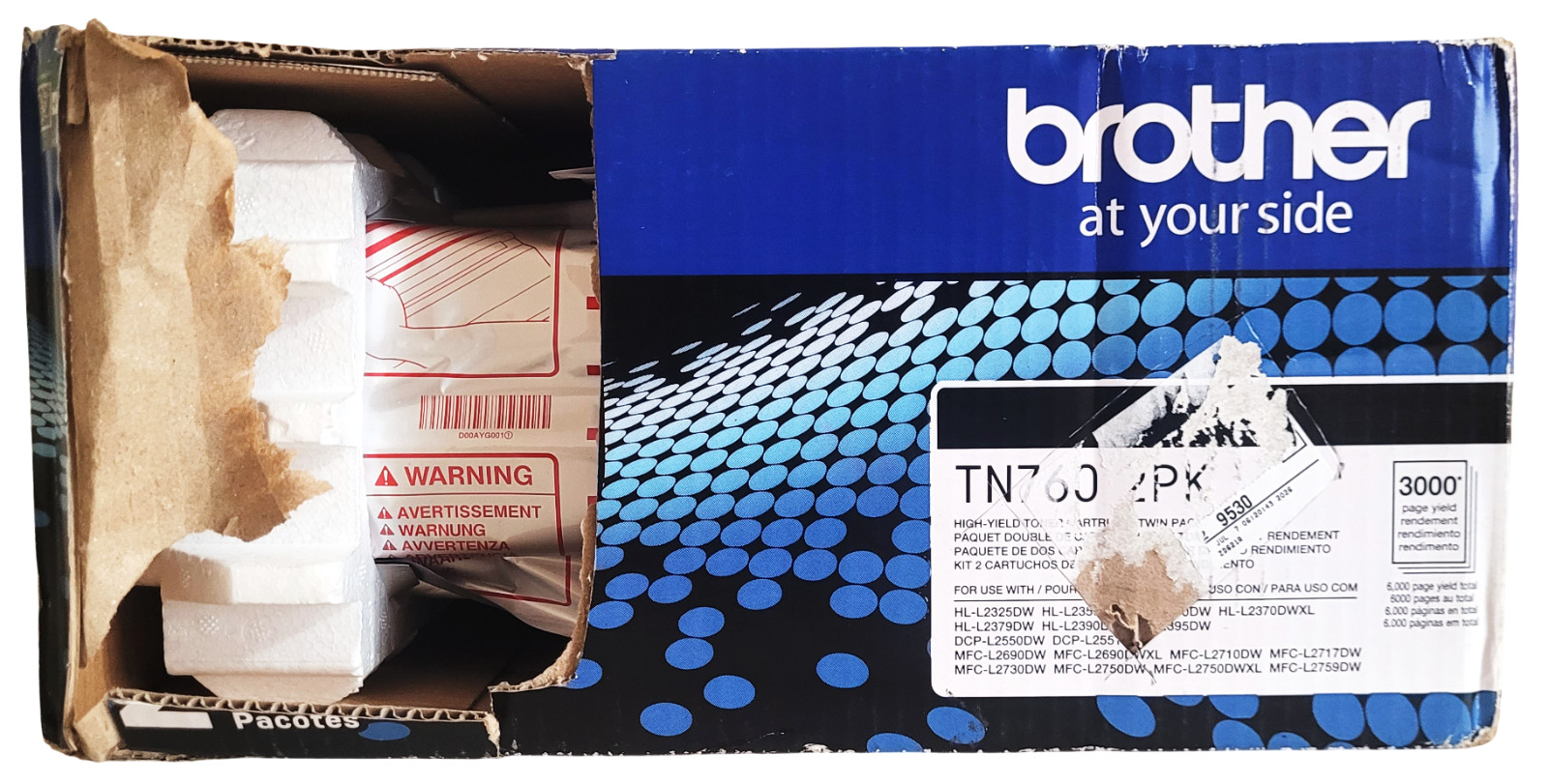 Brother TN760 TN-760 Black High Yield Toner Cartridge 2 Pack with Ripped Box