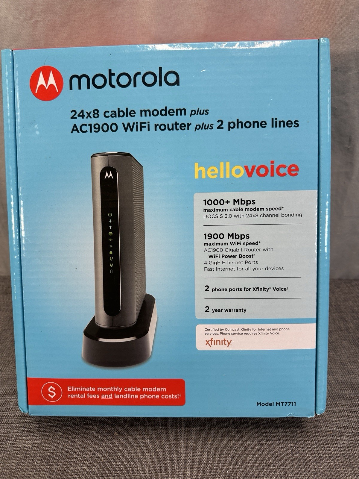 Motorola MT7711 24x8 Cable Modem Plus AC1900 WiFi Router & 2 Phone Line Open Box