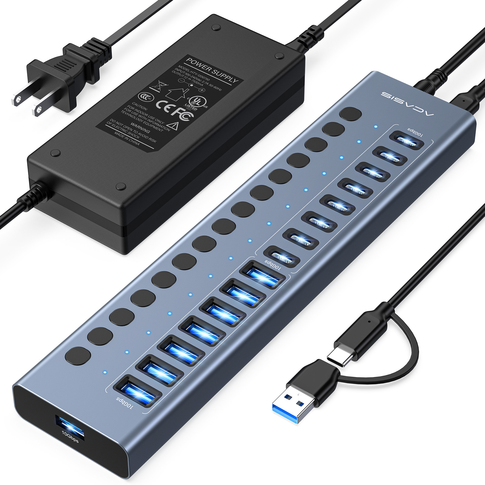 ACASIS 16-Port USB-C USB-A Hub 10Gbps Powered with 96W Adapter for Mac