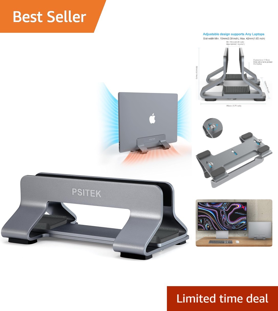 Aluminum Vertical Stand for Laptops - Space Gray, Adjustable 12-42mm