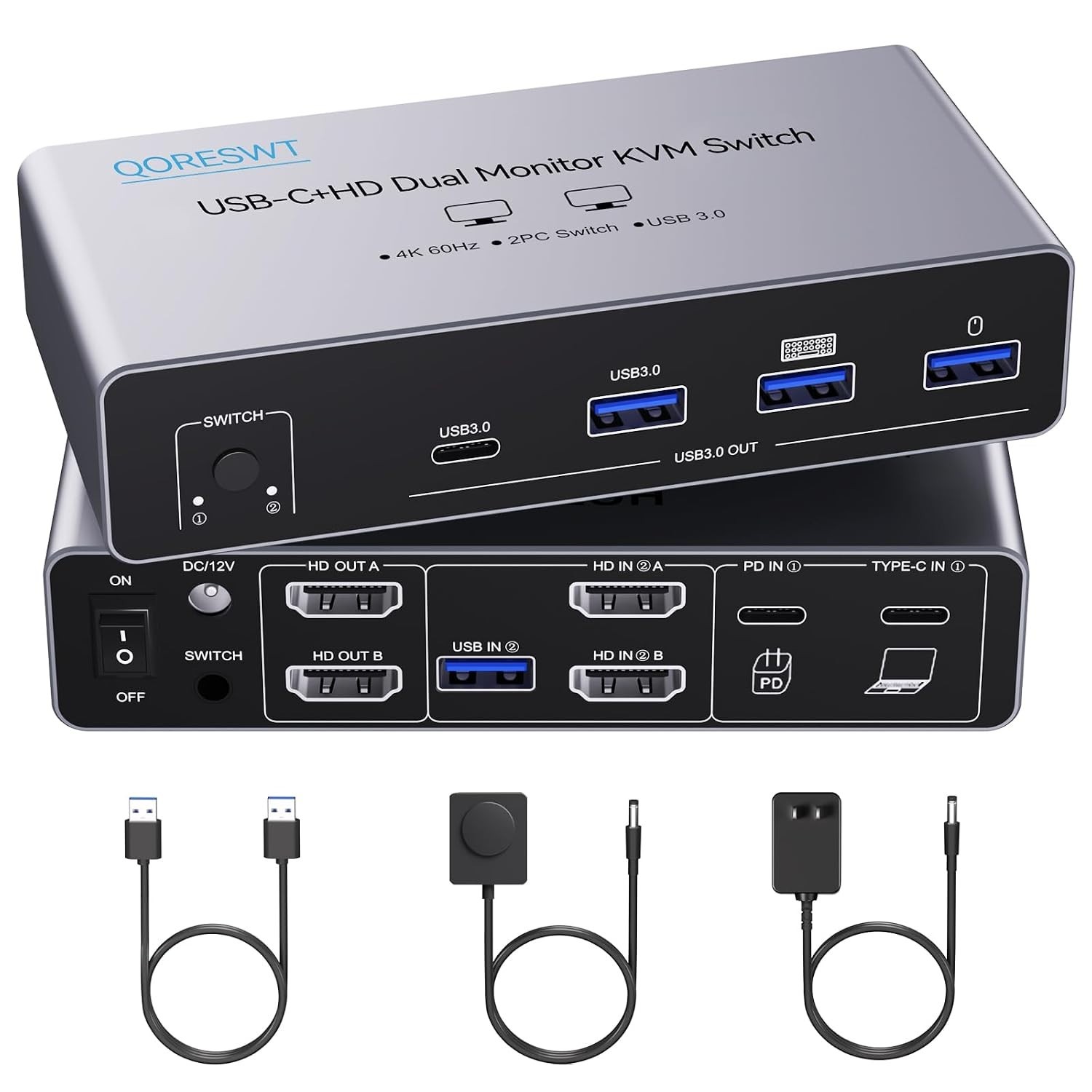 KVM Switch 2 Monitors 2 Computers USB C, Desktop + Laptop Dual Monitor Switch