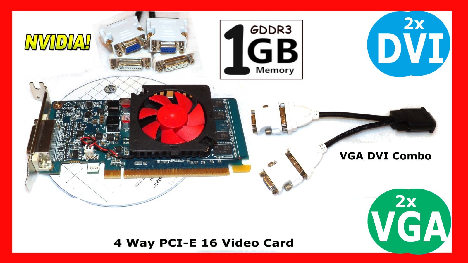 Low Profile 1GB SFF Video Card. PCI-E 16x with  2X DVI-DVI, and 2X VGA Adapters