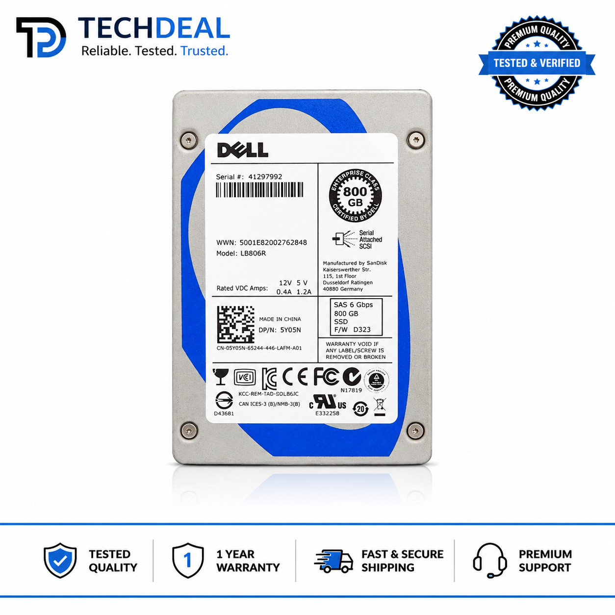 Dell 800GB 2.5" SAS 6Gb/s Enterprise SSD 5Y05N LB806R Solid State Drive Tested W