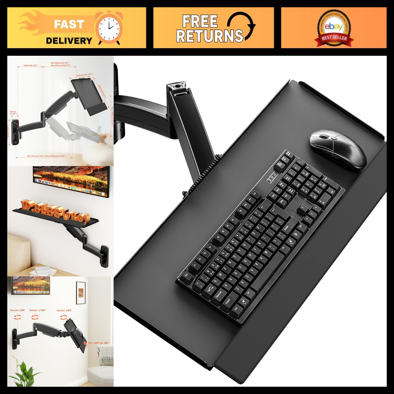 Adjustable Wall-Mounted Keyboard Tray, Sit-Stand 26" Mouse Shelf, Black