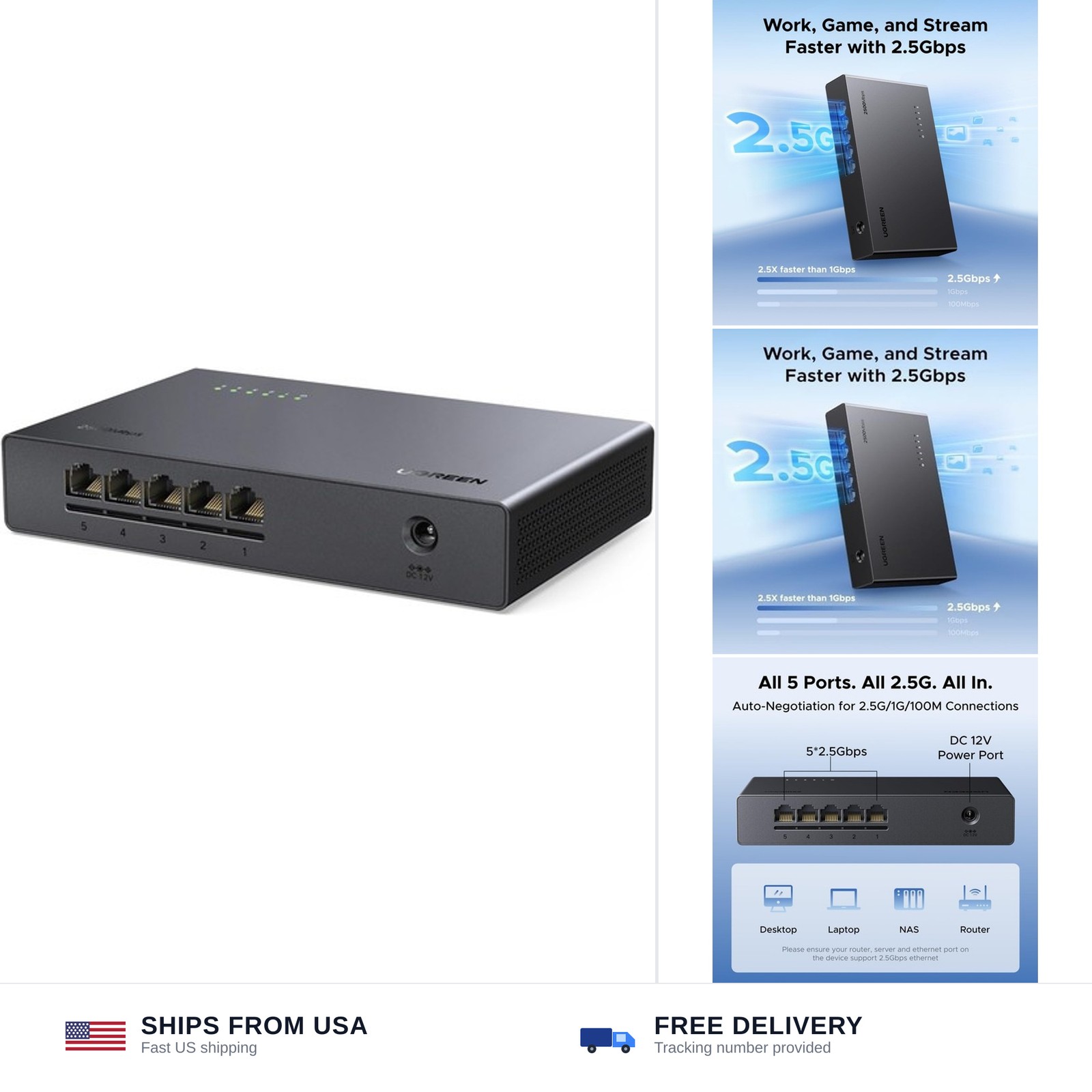 UGREEN 2.5Gb Switch, 5-Port Ethernet Switch, 5 x 2.5Gb Uplink, Plug & Play, U...