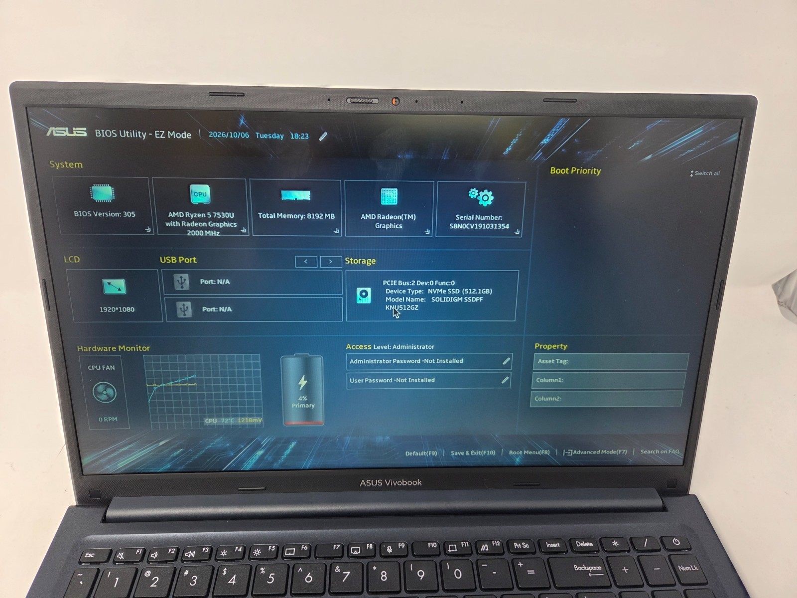 ASUS VIVOBOOK 15 MODEL: M1502Y AMD RYZEN 5 7530U 8GB--512GB SSD WIN 11 HOME