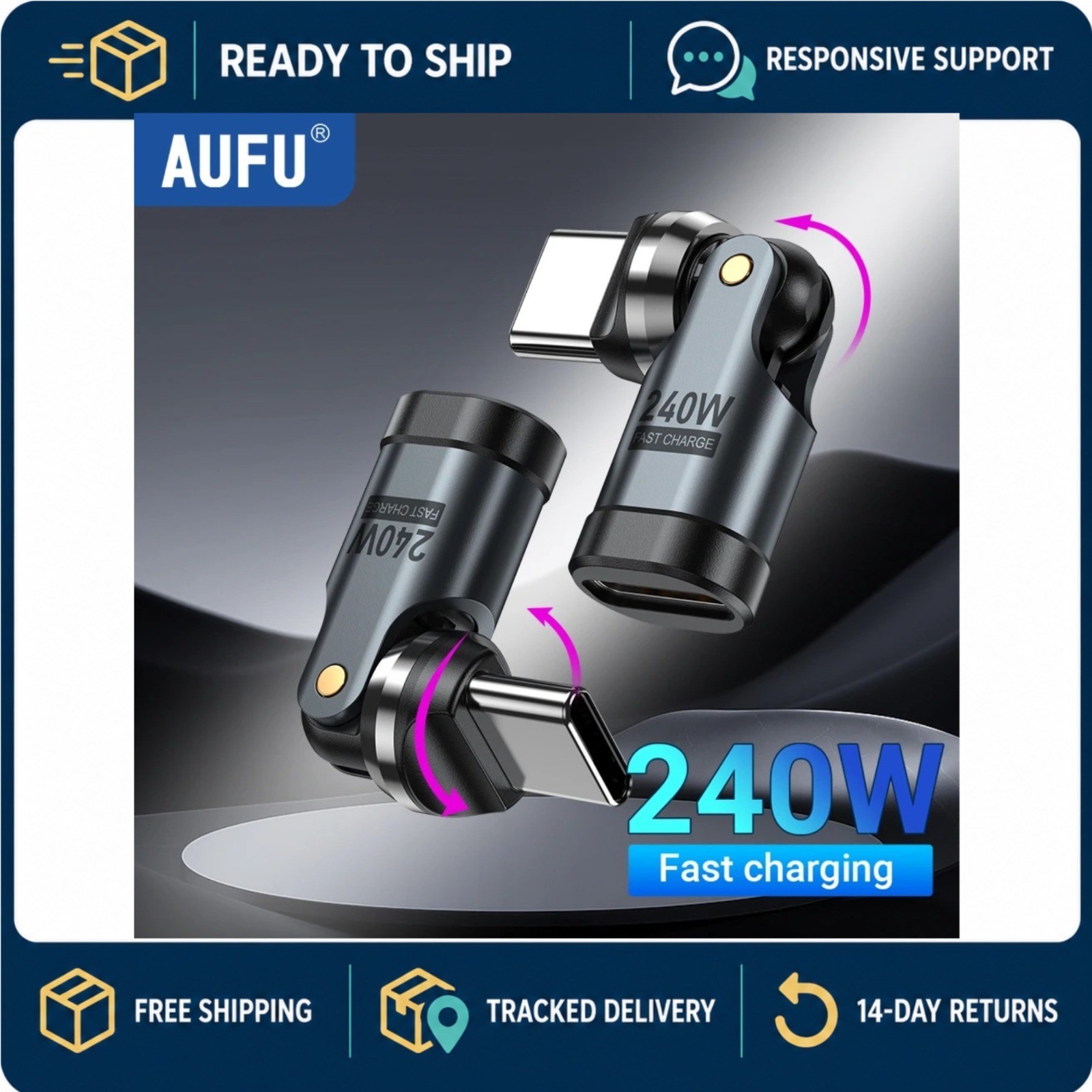 AUFU 240W USB-C to USB-C OTG Adapter 540° Rotating 5A Fast Charge Converter