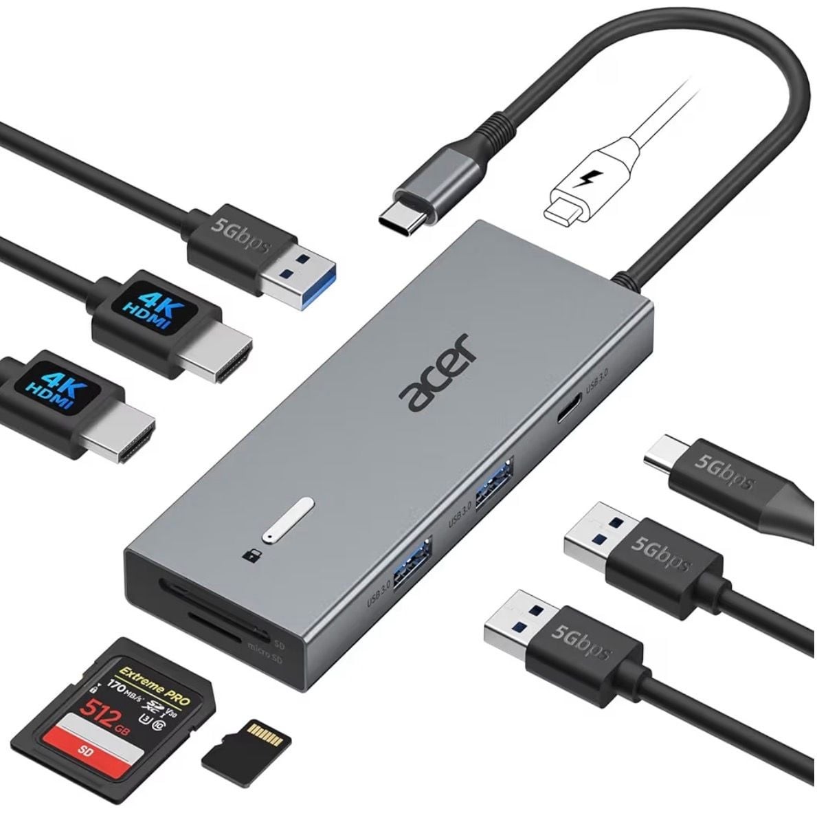 Acer 9-in-1 USB-C Hub Docking Station with Dual HDMI 4K@60Hz, 100W PD, and Priva
