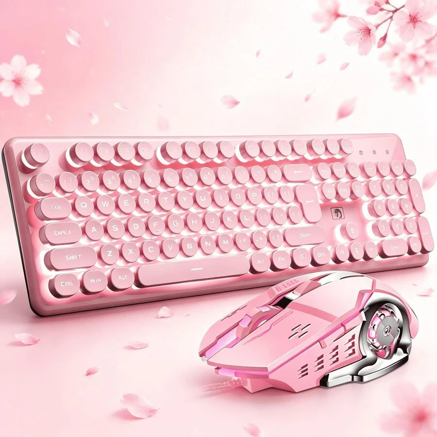 NEW Aesthetic Pink Wired USB Keyboard Mouse Set, Cute Retro Round Keycaps