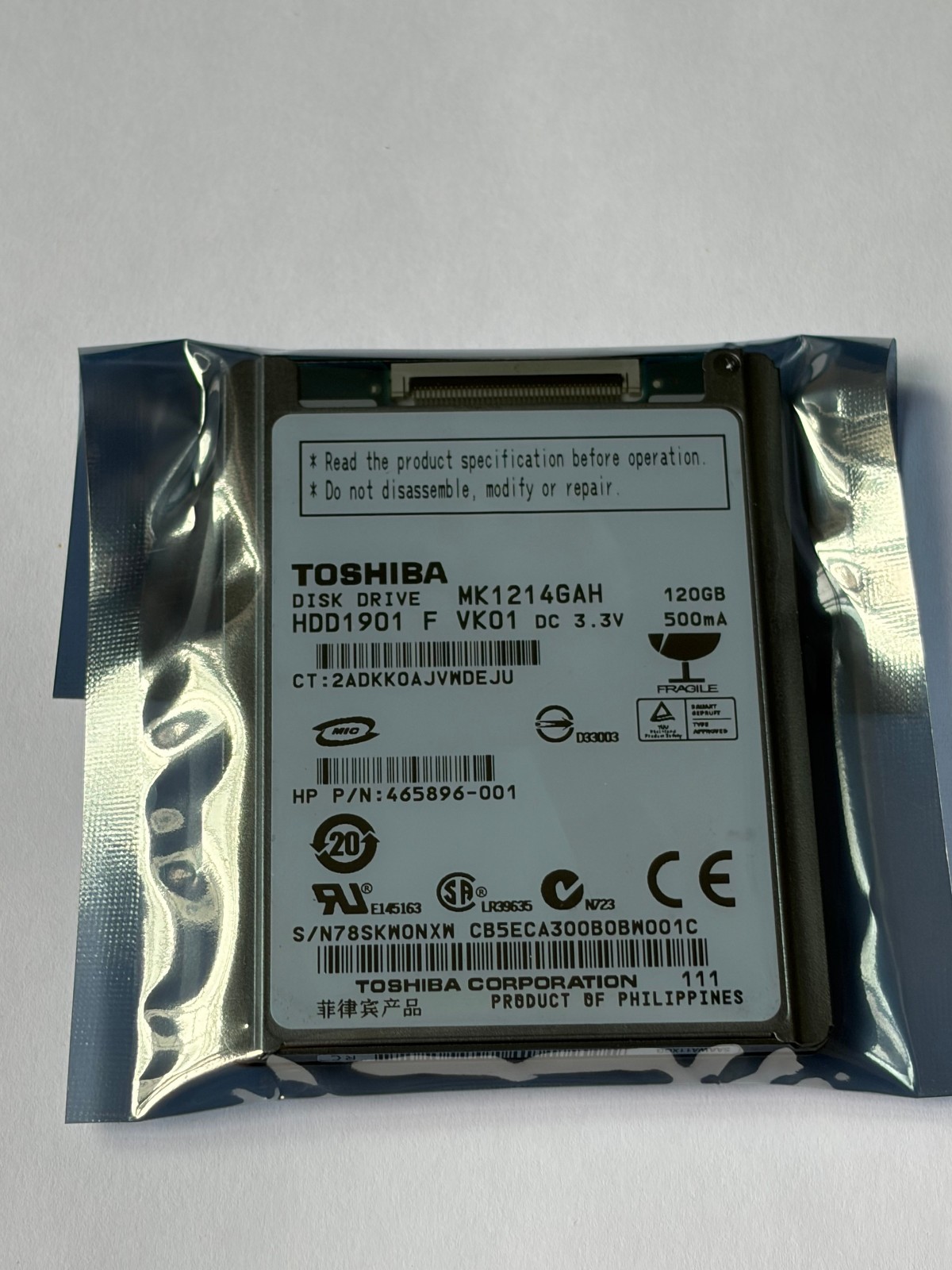 Toshiba MK1214GAH 120GB 1.8" CE ZIF hard drive for notebook/ IPOD/ Video camera