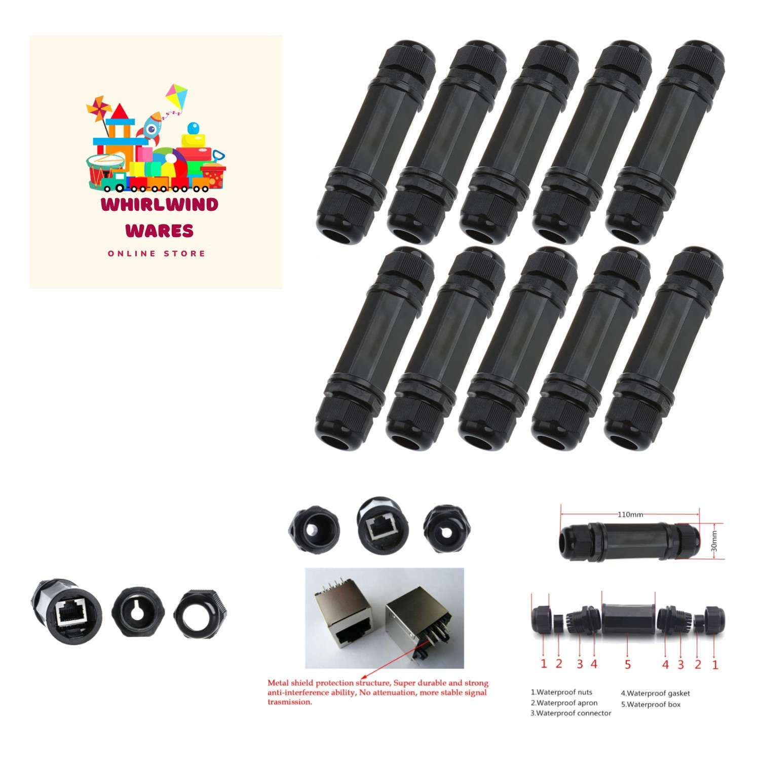 10PCS M22Z Shielded RJ45 Cat6 Double Head Waterproof Connector