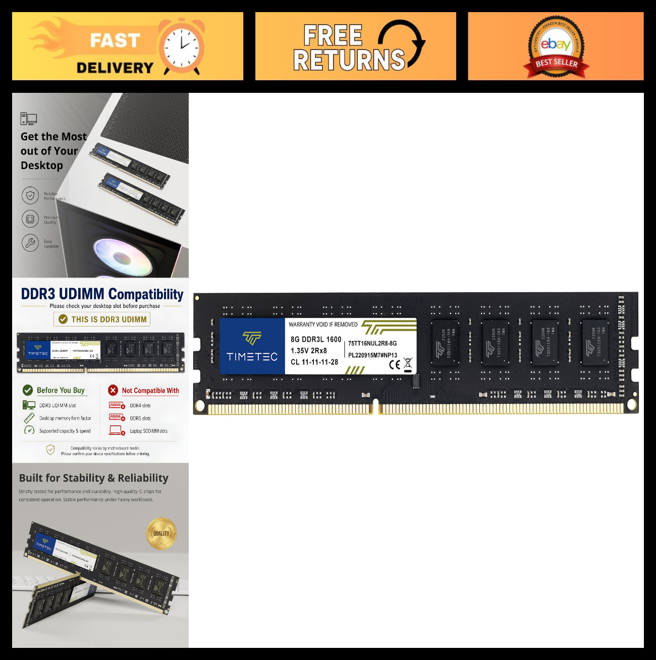 8GB DDR3L 1600MHz PC3L-12800 Non-ECC Unbuffered RAM Module Upgrade for Desktop