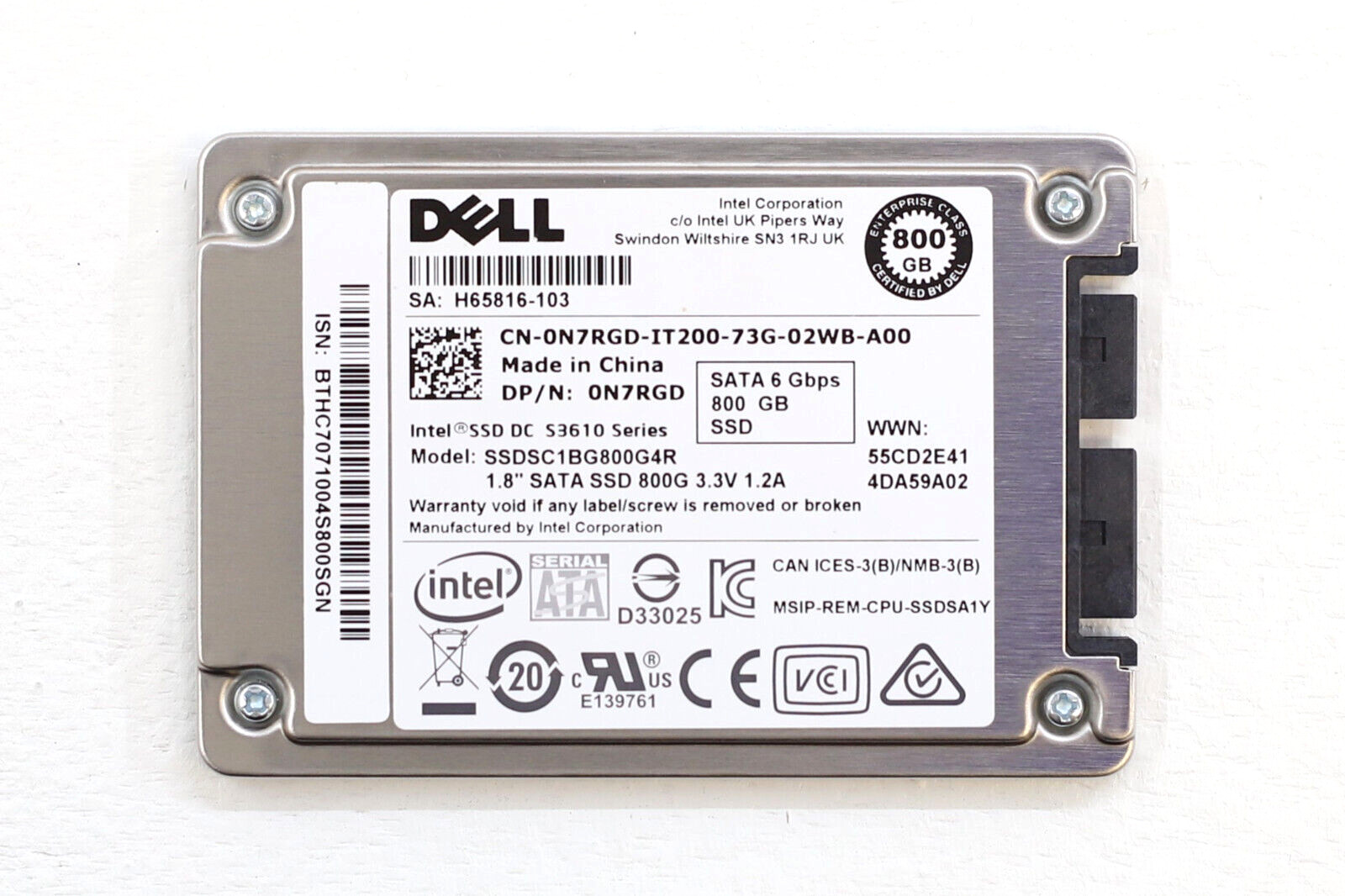 Dell SSDSC1BG800G4R 800GB 1.8" 6Gb/s SATA Solid State Drive Dell P/N: 0N7RGD