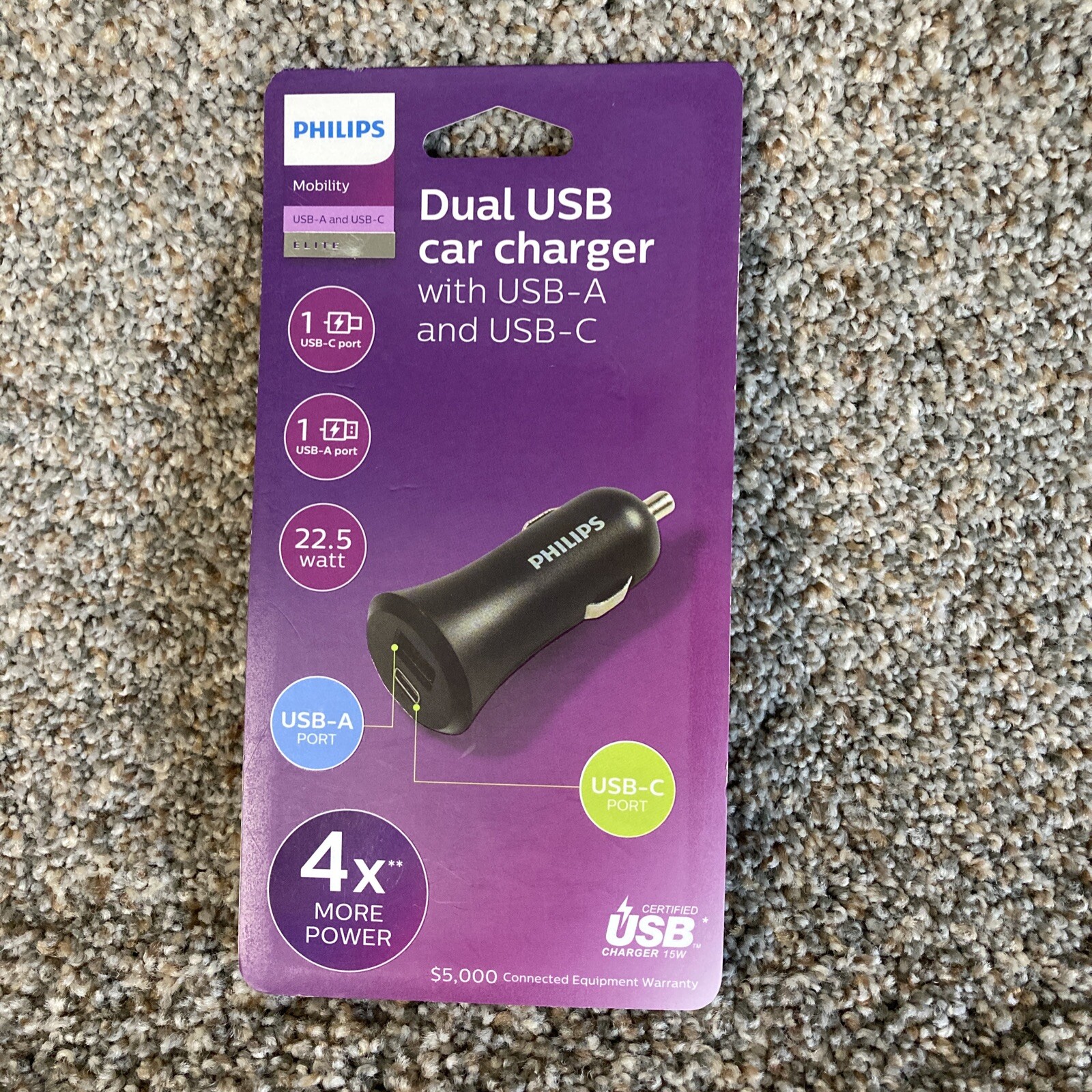 Philips USB-C and USB-A Laptop Car Charger (DLP2557/37) Total 22.5 Watt