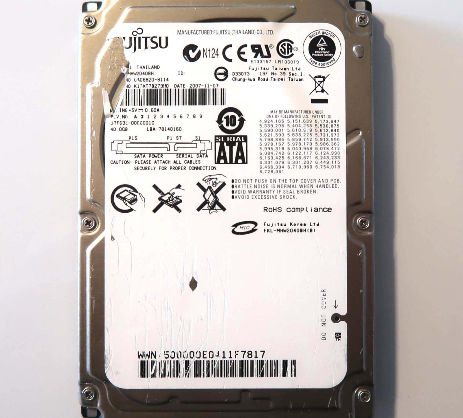 Fujitsu MHW2040BH CA06820-B114 07FD3E-0000001C 40gb Sata 2.5" HDD 2007-11