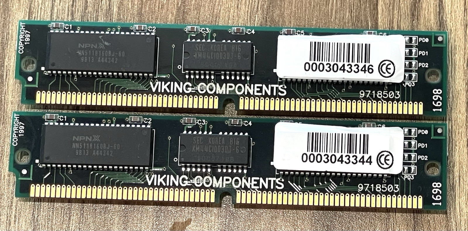 2 Sticks Viking Components 9718503 8Mb 72-pin FPM/EDO SIMM RAM 60ns Vintage 1997