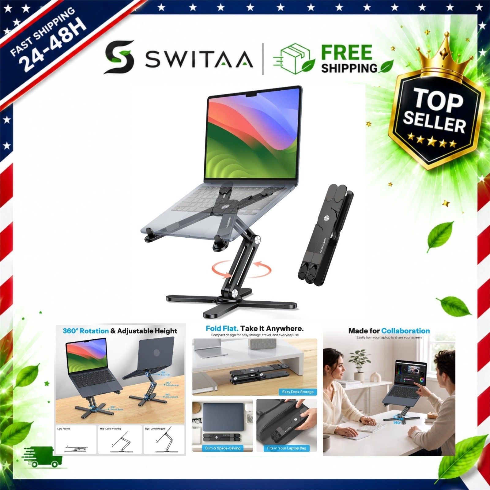 OMOTON LA10 360° Rotating Laptop Stand Riser Foldable Desk Mount for MacBook