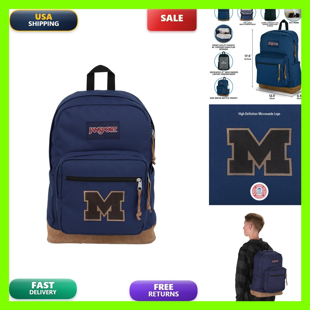 Jansport Ncaa Officially Licensed Backpack Michigan Wolverines Right Pack