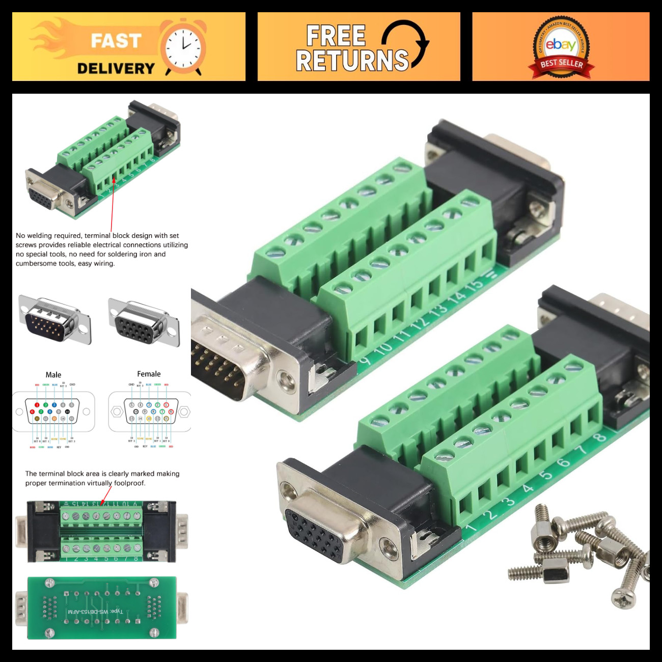 2PCS VGA Male Female Solderless DB15 3Row Connector Breakout Cable Adapter