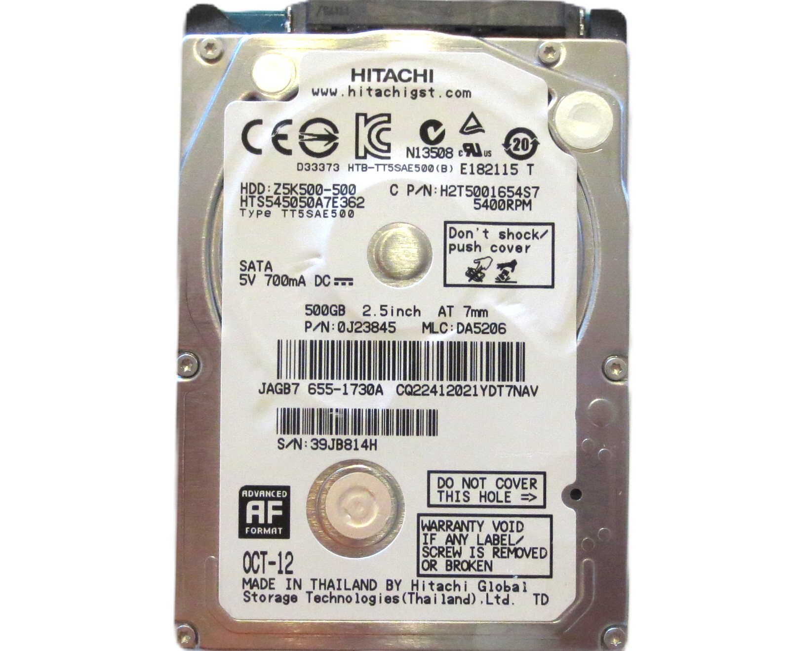 Hitachi HTS545050A7E362 0J23845 MLC:DA5206 (39J) 2.5" 500gb Sata Thailand OCT-12
