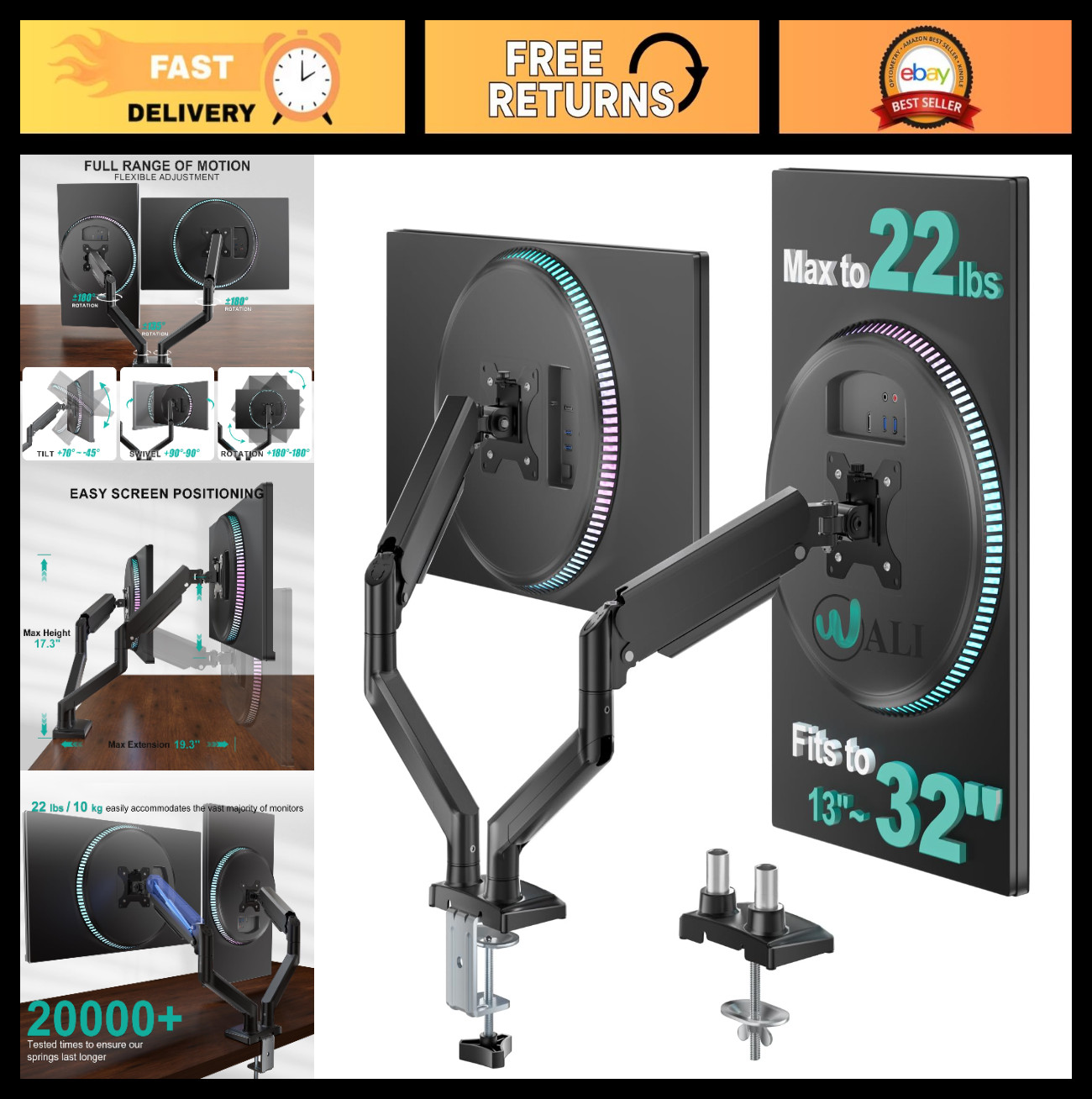 Dual Monitor Stand for 13-32" Screens, Adjustable Arms, VESA Compatible, Holds 2