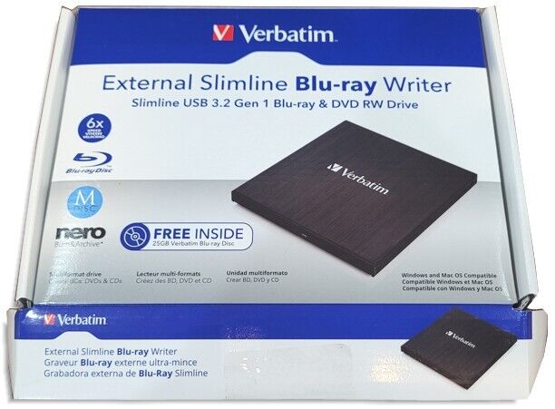 VERBATIM External Slimline Blu-ray CD/DVD/BD USB 3.2 Writer (open box) #43890