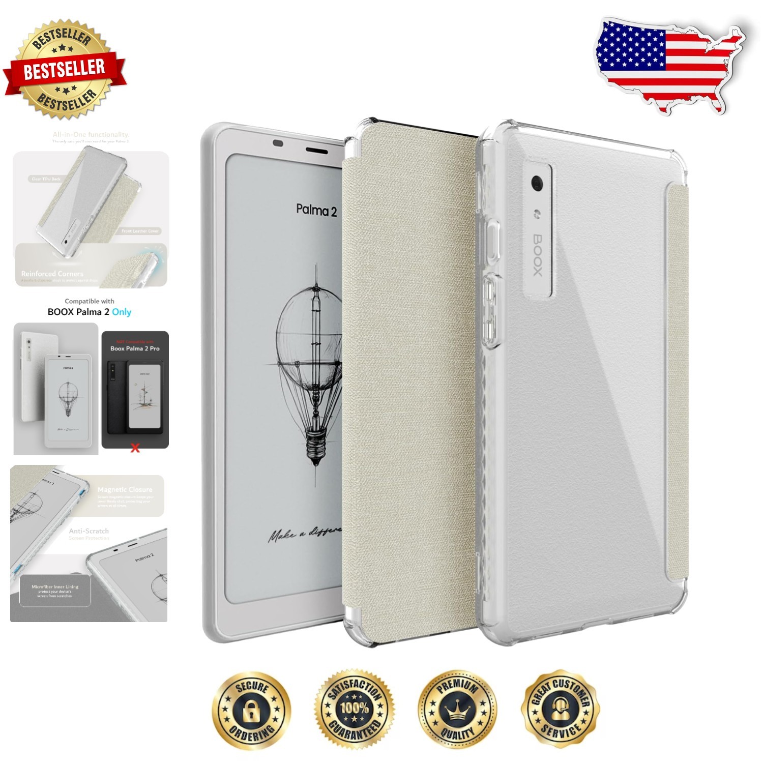 Onyx Boox Palma 2 Case Clear Beige Slim Shockproof Auto Sleep/Wake TPU Leather