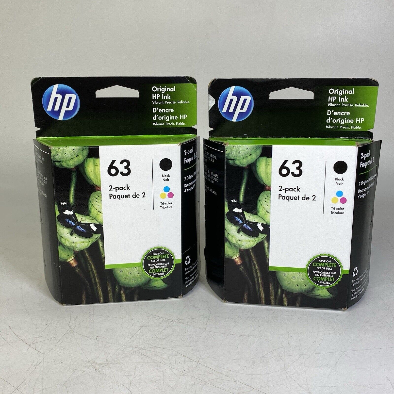 Lot Of 2 HP 63 Black Tri-Color Ink Cartridges 2-Pack Genuine Sealed New Exp 2023